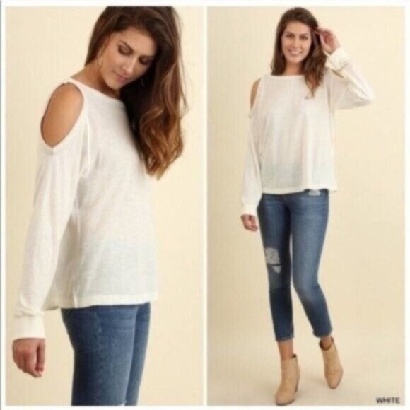 Umgee Cold Shoulder Casual Top Long Sleeve Women Size Small Boatneck Shirt - Picture 1 of 5